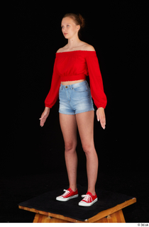 Stacy Cruz blue jeans shorts casual dressed red off shoulder…